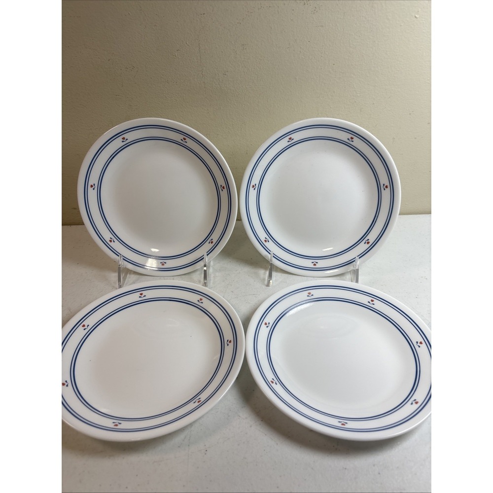 Corelle COUNTRY HEARTS Bread Butter Plate Blue RED Heart Flower 6.5"‎ set of 4